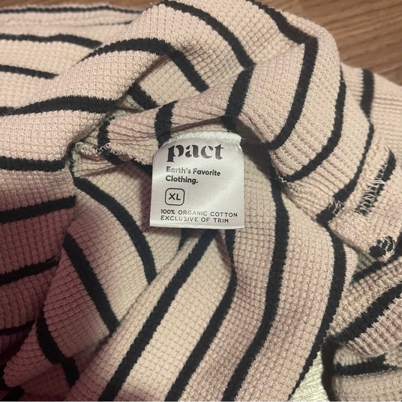 Pact Sweater Women's Size Extra Large Tan Black Striped Waffle Cowl Neck Cotton - Picture 7 of 7